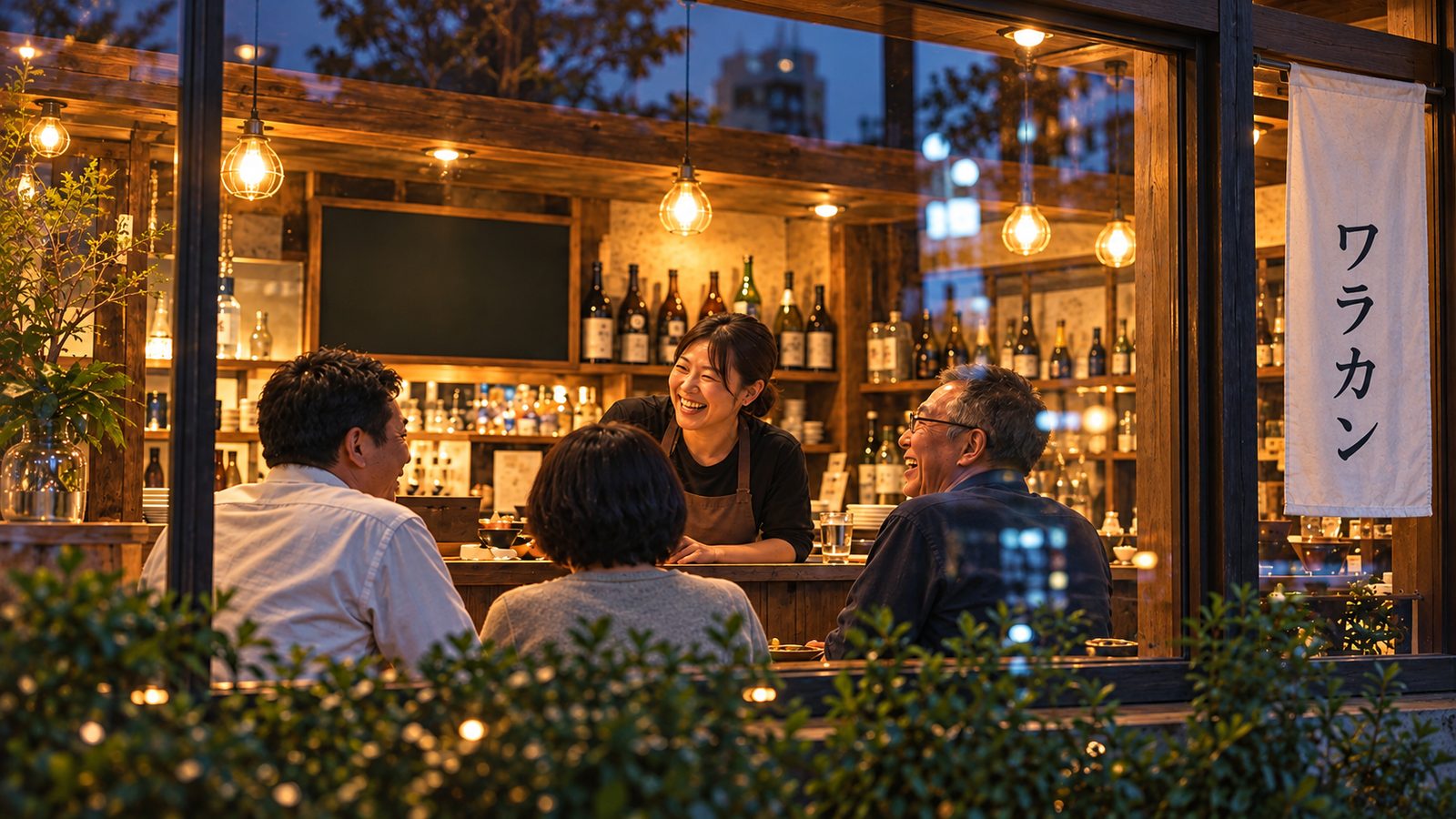 「ワラカン」の白いのれんと、窓越しに見える笑顔で語らう店内のイメージ